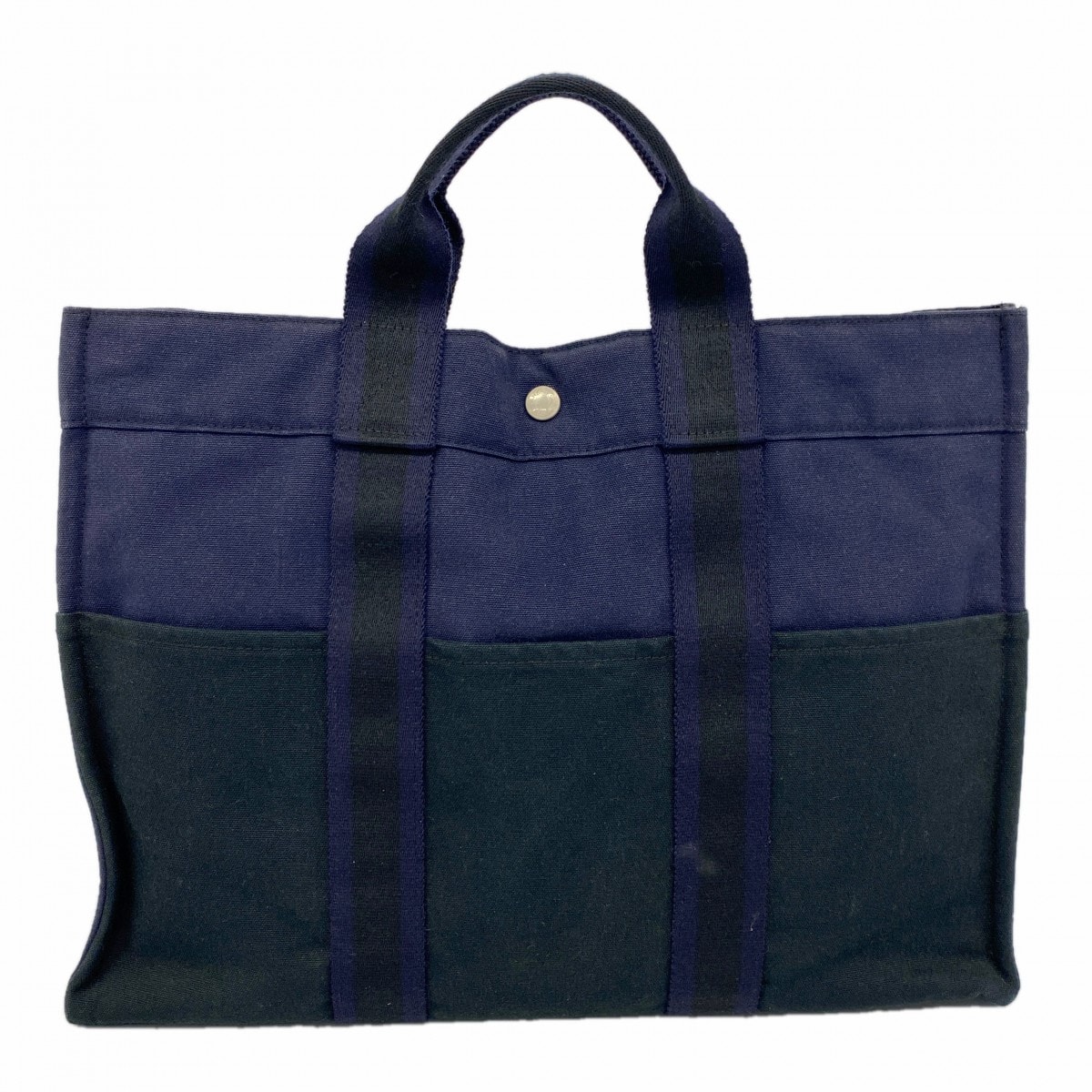 ★SALE【6gd4557-k】エルメス トートバッグ フールトゥMM キャンバス ブラック ネイビー シルバー金具【中古】メンズ レディース ユニセックス