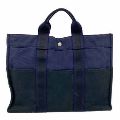 ★SALE【6gd4557-k】エルメス トートバッグ フールトゥMM キャンバス ブラック ネイビー シルバー金具【中古】メンズ レディース ユニセックス