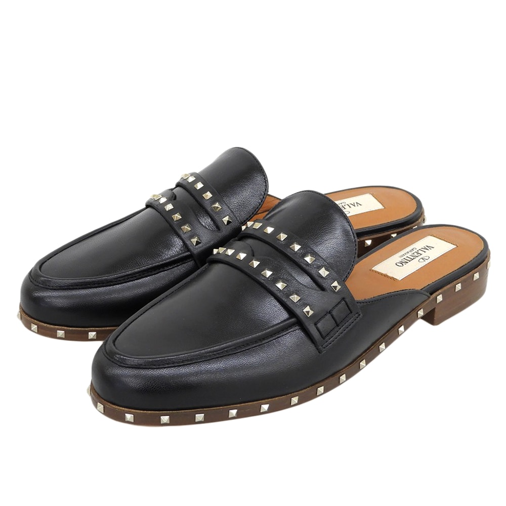 ヴァレンティノガラヴァーニ 新品同様 レザーソール ロックスタッズ フラット ミュール シューズ レディース 黒 36 36