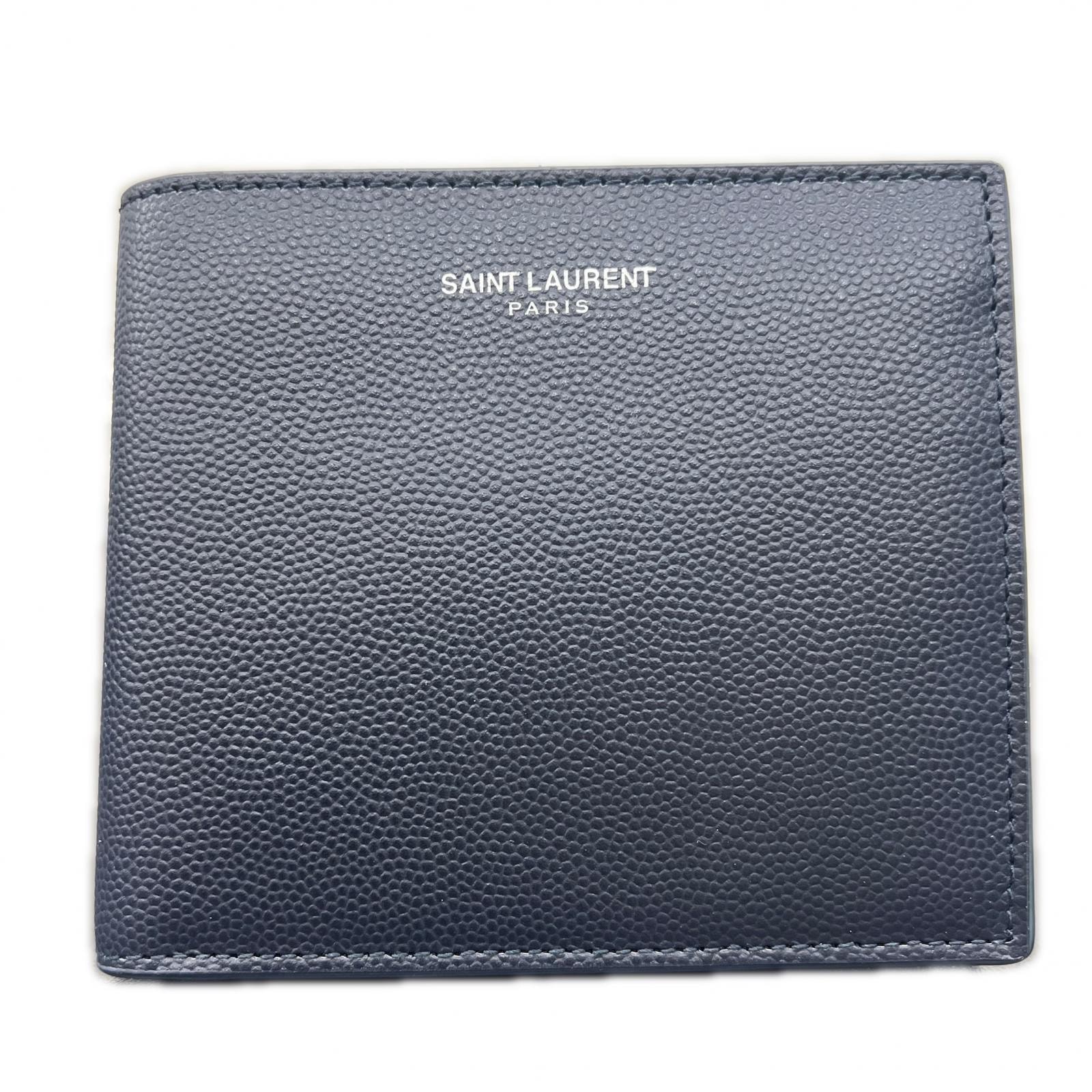 SAINT LAURENT 展示品級 美品 サンローラン コンパクトウォレット 二つ折り財布 396303 レザー ネイビー ミニ財布 ユニセックス イヴサンローラン YSL SAランク 中古 鑑定済 サンローラン財布