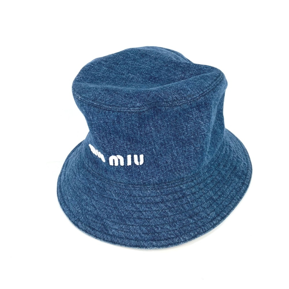 ミュウミュウ MIUMIU ロゴ 5HC196 デニム ハット帽 帽子 バケットハット ボブハット ハット コットン ブルー 美品