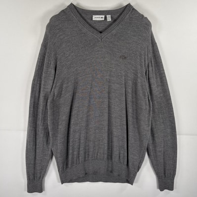 古着 ラコステ LACOSTE ウールニットセーター Vネック ワンポイントロゴ 薄手 大きいサイズ 3XL ダークグレー メンズ