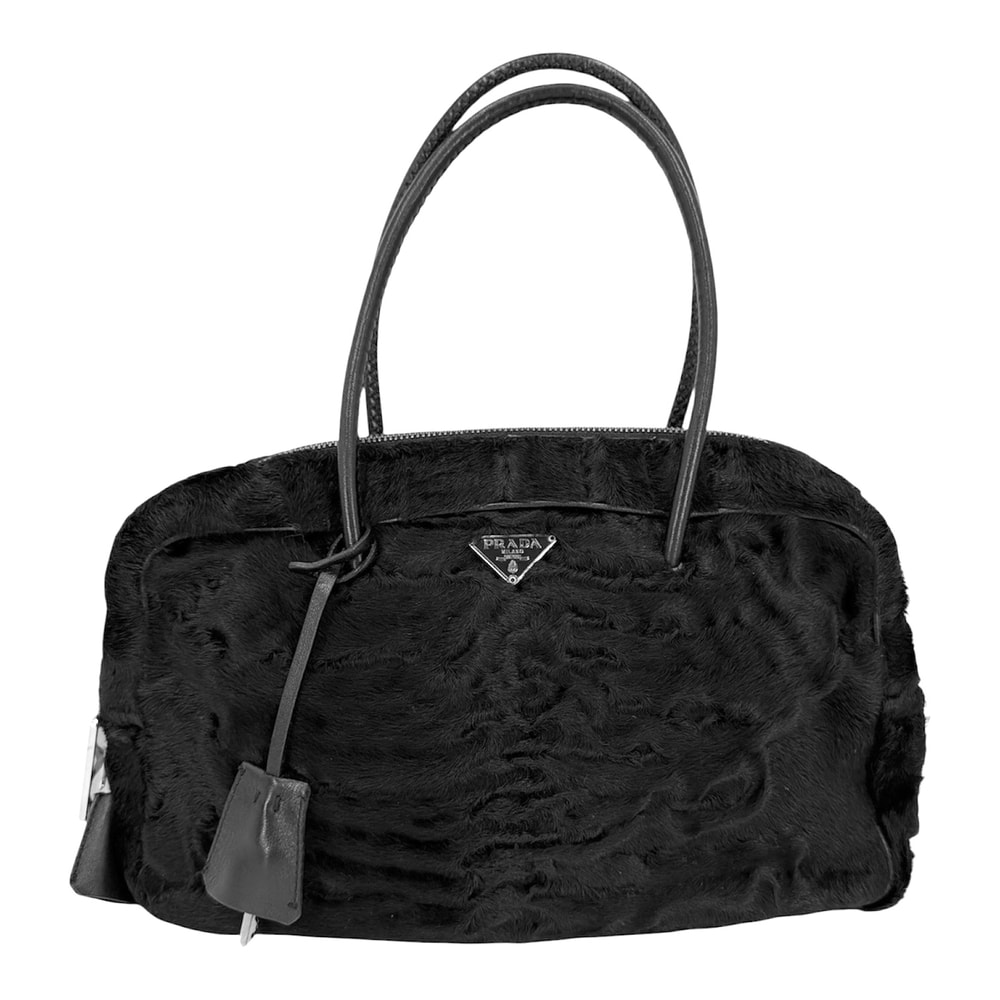 PRADA プラダ ハンドバッグ トライアングルロゴ フェイクファー    ブラック 黒 シルバー金具 レディース【中古品】