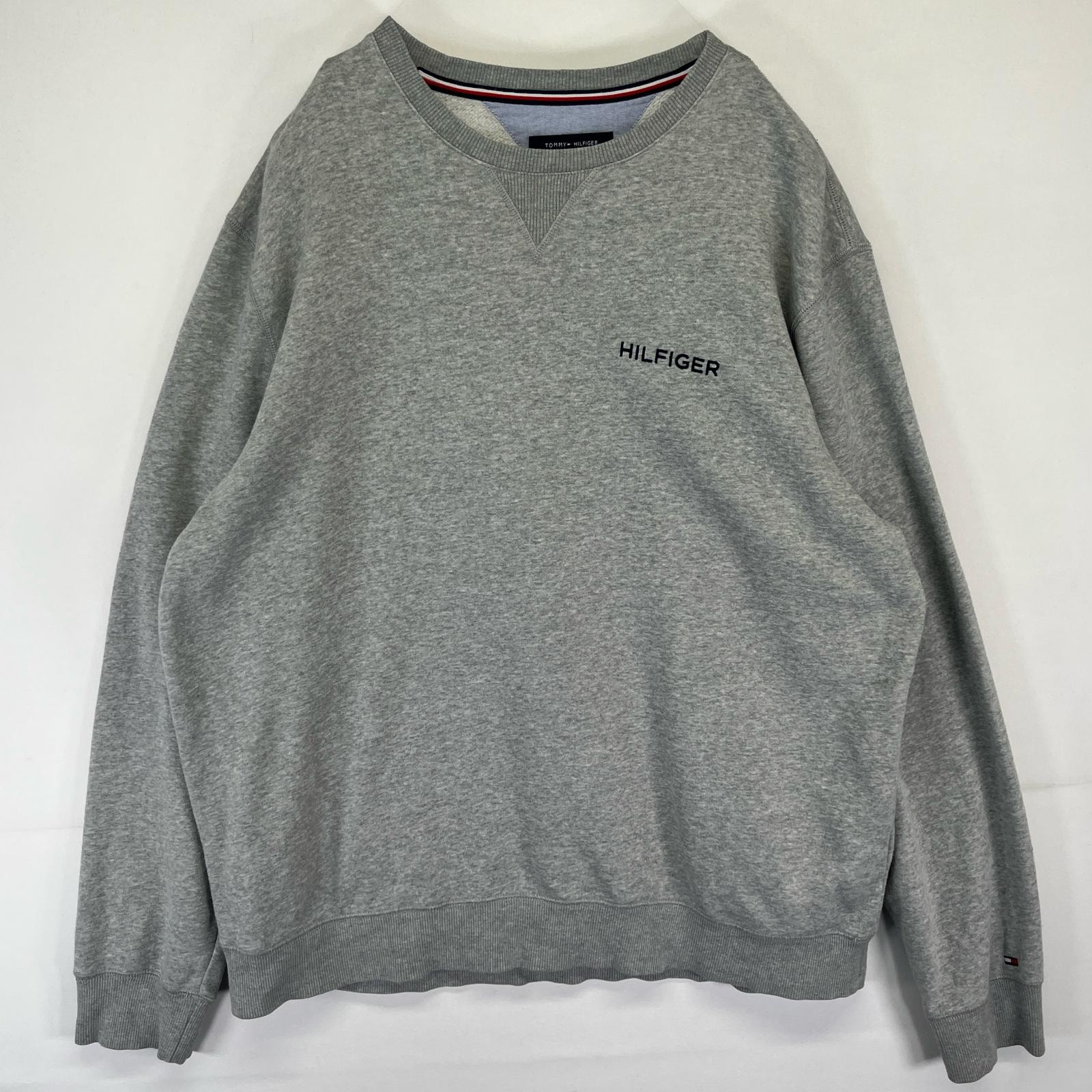 古着 トミーヒルフィガー TOMMY HILFIGER スウェット トレーナー クルーネック ワンポイントロゴ 前V XL  グレー メンズ