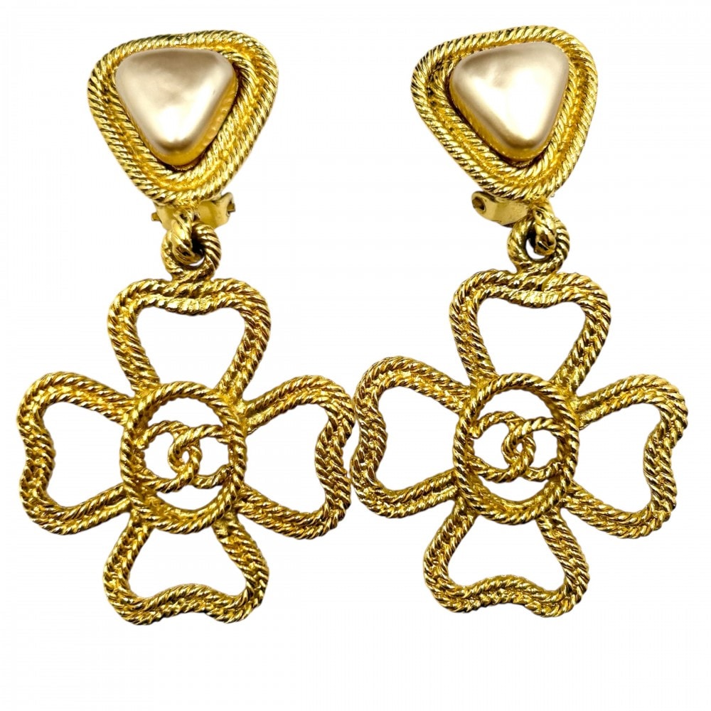 CHANEL シャネル イヤリング ココマーク アクセサリー クローバー ココ ヴィンテージ ゴールド GP  フェイクパール   2 8 レディース 約24.5g 1993年【中古品】