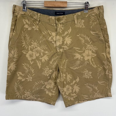 古着 ノーティカ NAUTICA ショートパンツ アロハ ハワイアン 柄 ハイビスカス ハーフ 短パン w38 ブラウン メンズ