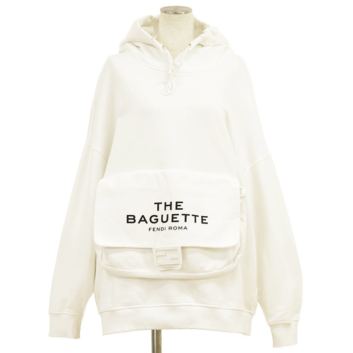 【極美品】FENDI × MARC JACOBS フェンディ × マーク・ジェイコブス スウェット サイズXS レディース BAGUETTE ロゴ バケットポケット ダメージ加工 長袖  パーカー トップス ホワイト 白 イタリア製