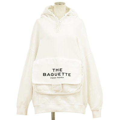【極美品】FENDI × MARC JACOBS フェンディ × マーク・ジェイコブス スウェット サイズXS レディース BAGUETTE ロゴ バケットポケット ダメージ加工 長袖 パーカー トップス ホワイト 白 イタリア製