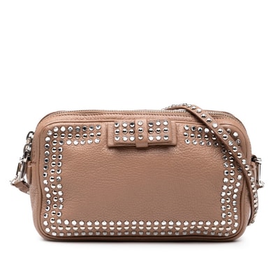 ミュウミュウ リボン モチーフ ショルダーバッグ ピンクベージュ レザー ラインストーン レディース MIUMIU 【中古】
