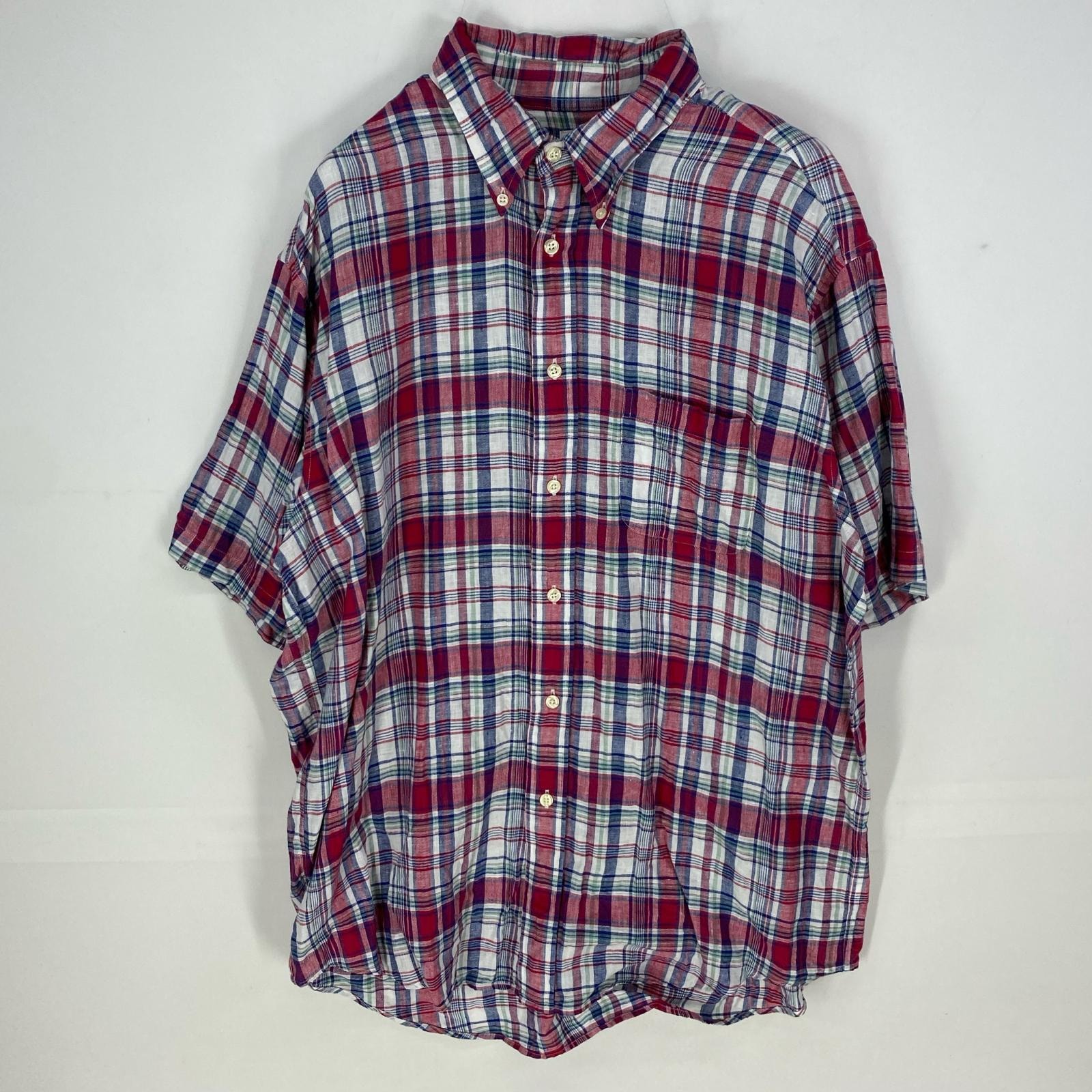 古着 ブルックスブラザーズ Brooks Brothers 半袖シャツ ボタンダウン 胸ポケット マルチカラー 1818 リネンシャツ L レッド系 メンズ