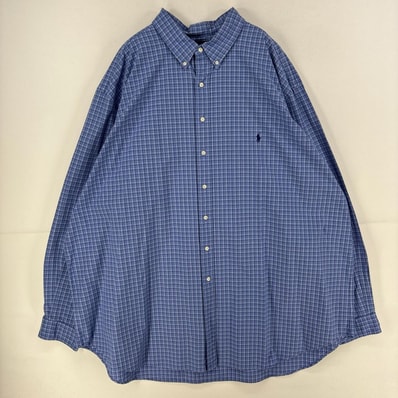 古着 ラルフローレン RALPH LAUREN 長袖シャツ 大きいサイズ ワンポイント ロゴ ボタンダウンシャツ 4XL ブルー系 チェック メンズ