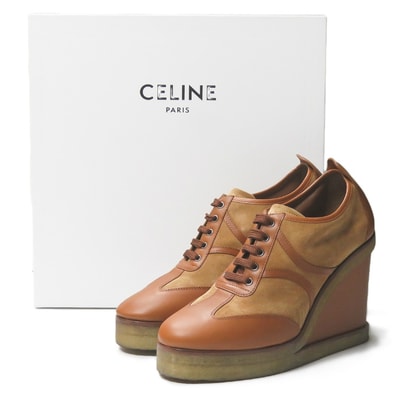 CELINE セリーヌ イタリア製 MANON ウェッジソールレースアップシューズ RM1129 39(26cm) ブラウン マノン レザー/スエード シューズ lm2522