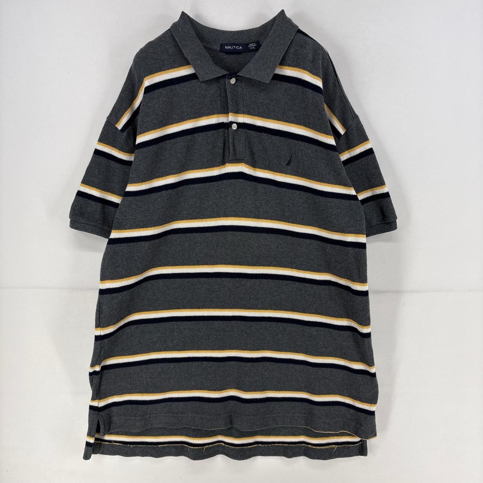 古着 ノーティカ NAUTICA 半袖シャツ ワンポイント ロゴ 刺繍 ポロシャツ ボーダー 大きいサイズ 2XL  グレー メンズ