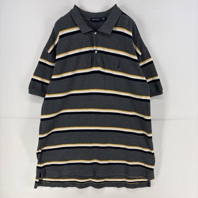 古着 ノーティカ NAUTICA 半袖シャツ ワンポイント ロゴ 刺繍 ポロシャツ ボーダー 大きいサイズ 2XL グレー メンズ