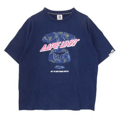 A BATHING APE アベイシングエイプ Tシャツ AAPE エーエイプ ロゴ プリント 半袖 Tシャツ カットソー ネイビー系 XL【中古】