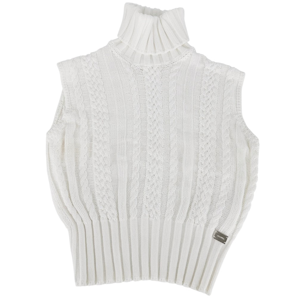 CHANEL シャネル ニット タートルネック ノースリーブ ロゴプレート アパレル 服 38 ホワイト 白 コットン    レディース 春 秋【中古品】