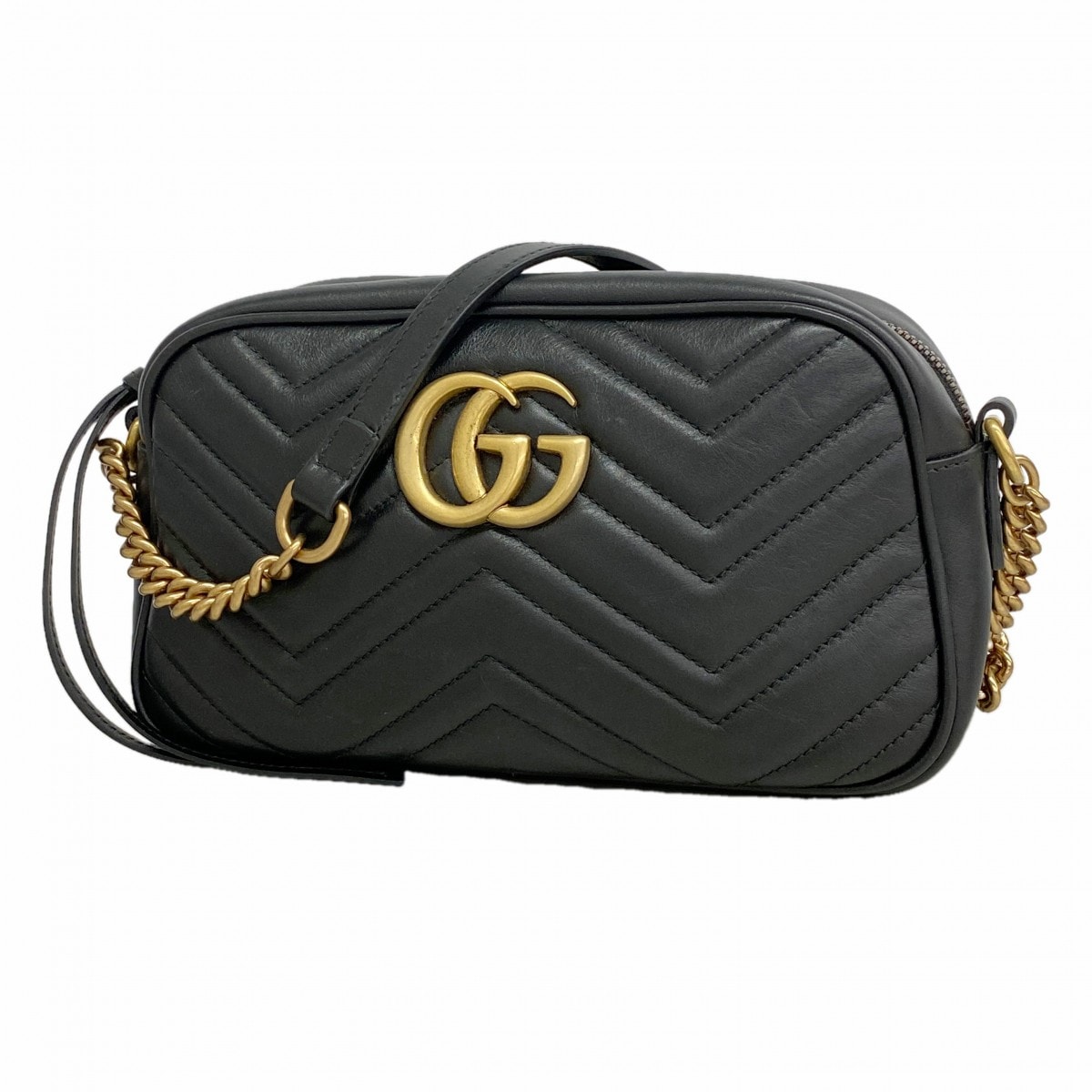 【6gd4358-k】グッチ ショルダーバッグ GGマーモント 447632 レザー ブラック ゴールド金具【中古】レディース