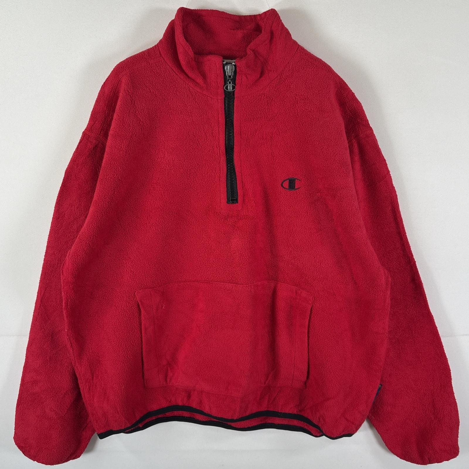 古着 チャンピオン Champion フリーストレーナー ワンポイントロゴ ハーフジップ プルオーバー  ポーラフリース ロゴジップ L  レッド メンズ