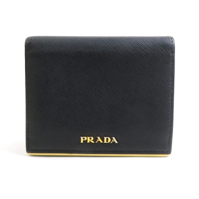 プラダ PRADA 二つ折り財布 レザー ブラック ゴールド ユニセックス【中古】 h32671a
