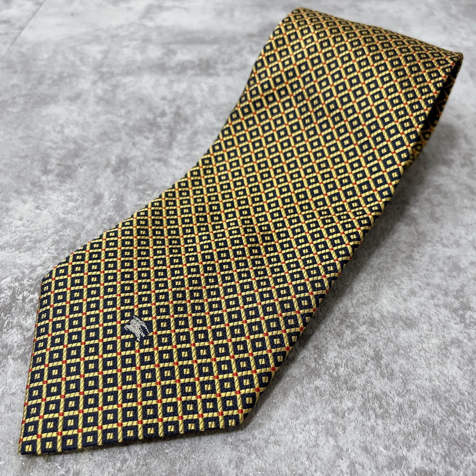 【BURBERRY】ホースロゴ刺繍 幾何学格子柄ネクタイ ブラック ゴールド レッド シルク100% 日本製 メンズ ビジネス フォーマル クラシック