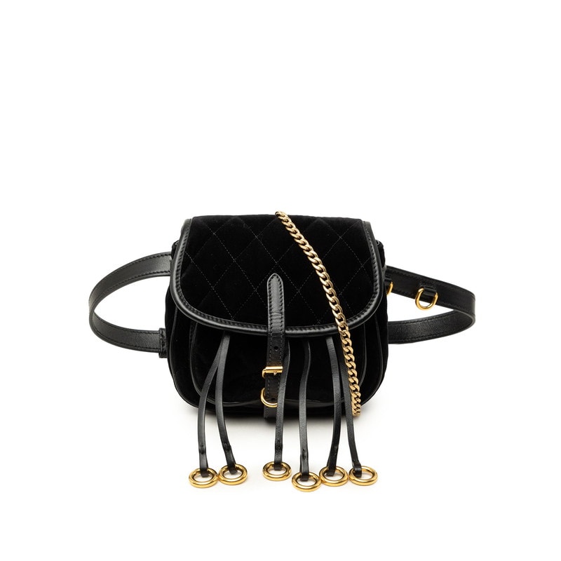 プラダ チェーン ショルダーバッグ ウェストバッグ 2WAY 1BD050 ブラック ゴールド ベロア レザー レディース PRADA 中古