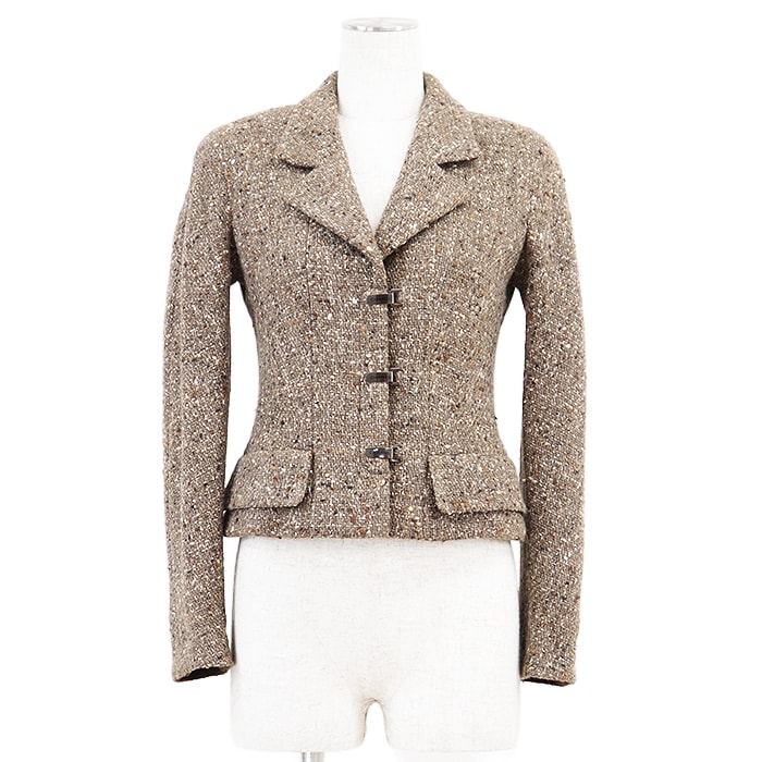 美品 シャネル ツイード ジャケット レディース ベージュ ブラウン 36 CHANEL