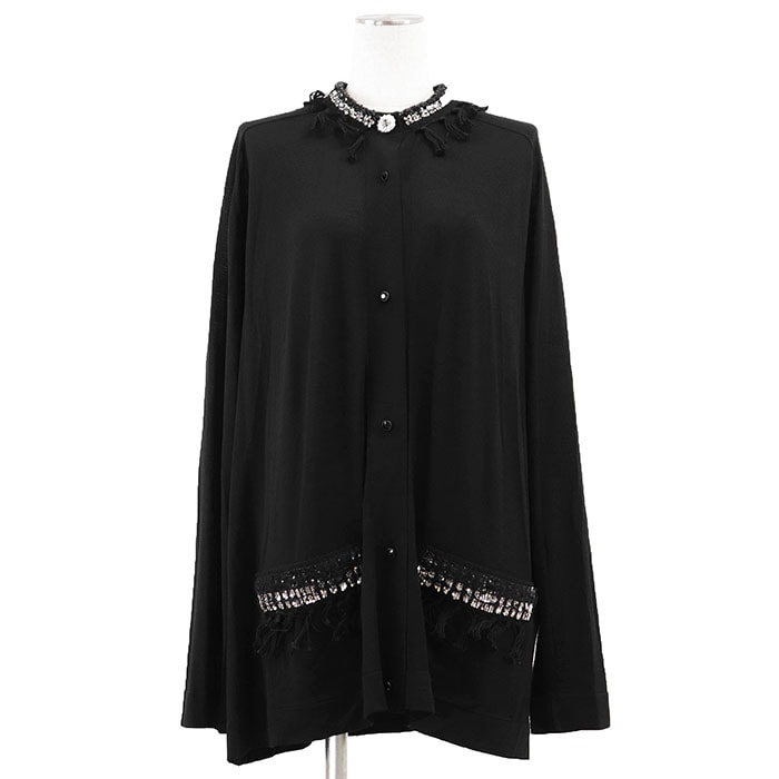 【新品同様】LOUIS VUITTON ルイ・ヴィトン カーディガン ニット 2025SS LV ロゴ ビジューボタン フリンジ ハイゲージ ウール100% ロングスリーブ 長袖 トップス レディース サイズ XL ブラック 黒 イタリア製