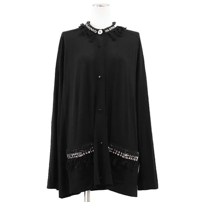 【新品同様】LOUIS VUITTON ルイ・ヴィトン カーディガン ニット 2025SS LV ロゴ ビジューボタン フリンジ ハイゲージ ウール100% ロングスリーブ 長袖 トップス レディース サイズ XL ブラック 黒 イタリア製