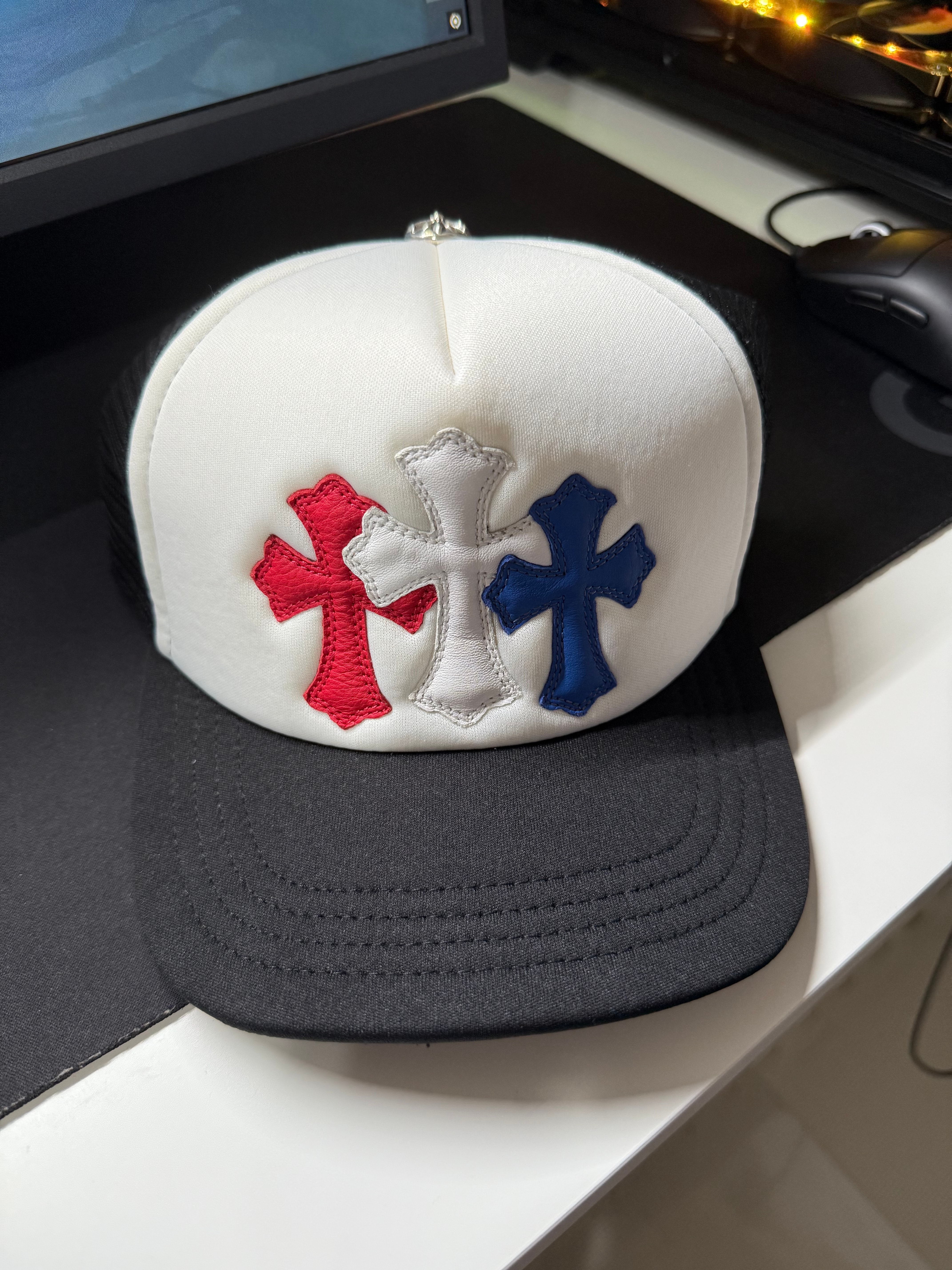 Chrome Hearts 3 Cross Patches Trucker Cap "Black/White/Red/Blue"