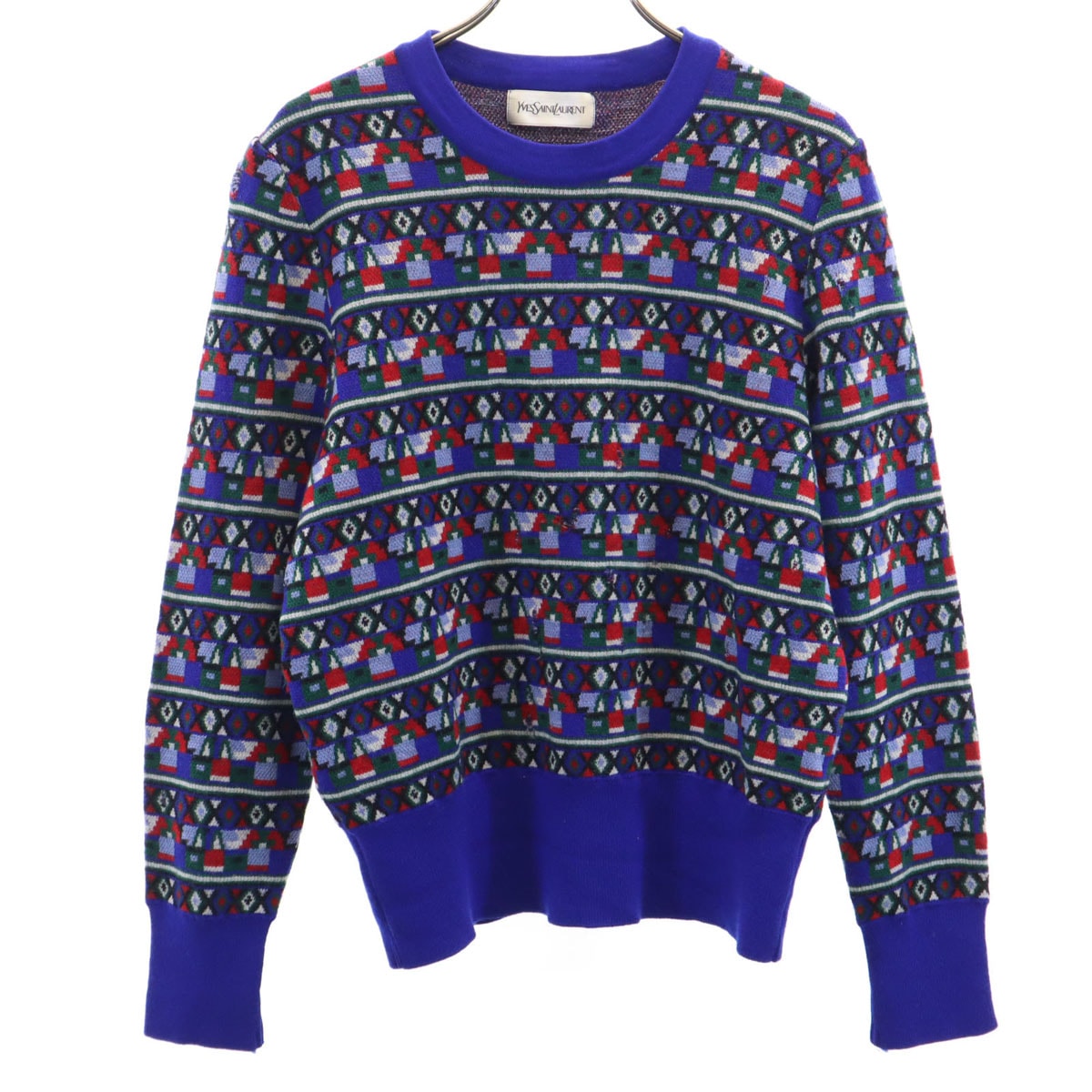 YVES SAINT LAURENT イヴサンローラン 90s オールド 総柄 長袖 セーター M ブルー系 ニット