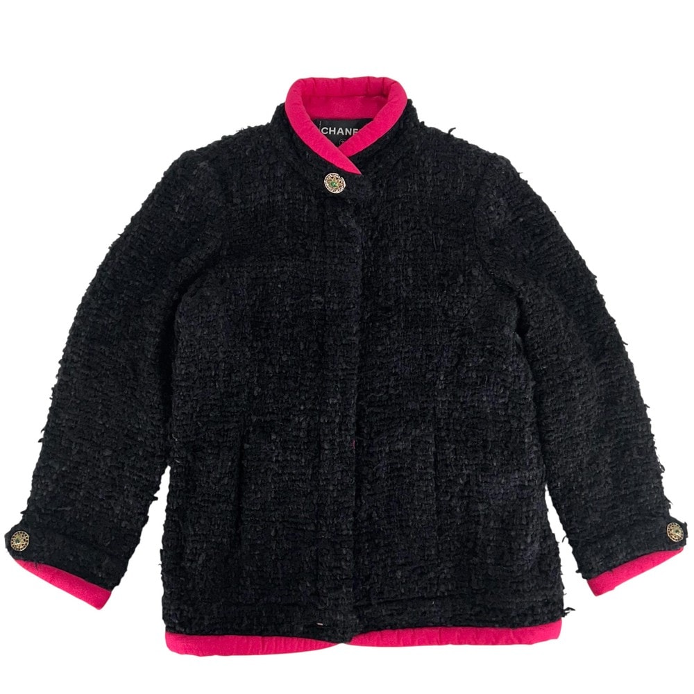 CHANEL シャネル ノーカラージャケット スタンドカラー グリポアボタン アパレル アウター 服 ヴィンテージ ジップジャケット 40 ブラック 黒 ピンク ゴールド金具 シルク    レディース 秋 冬【中古品】