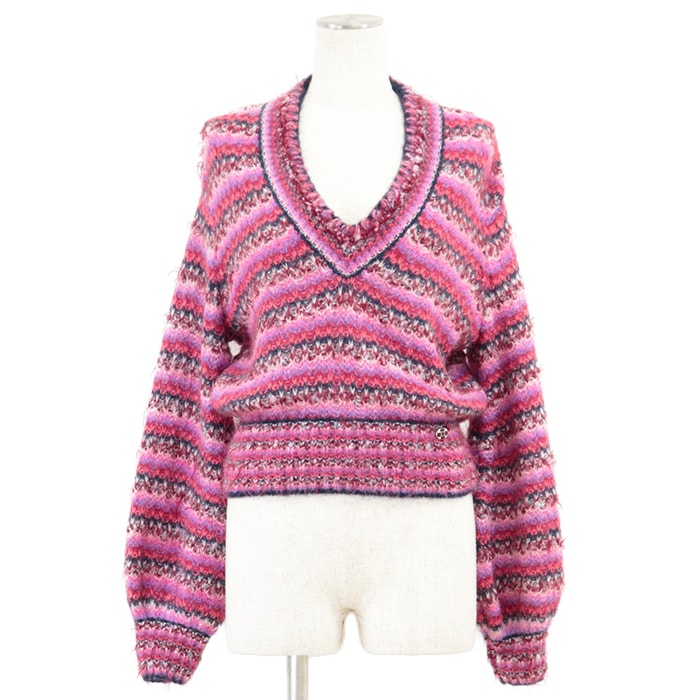 美品 シャネル 2022年製 P72980 COCOマーク ラインストーン チャーム アルパカブレンド シャギー セーター レディース ピンク マルチカラー 36 CHANEL