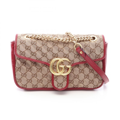 グッチ GUCCI GGマーモント キルティング スモール GGキャンバス ショルダーバッグ バッグ キャンバス レザー レディース ベージュ系 / レッド系 443497 【中古】