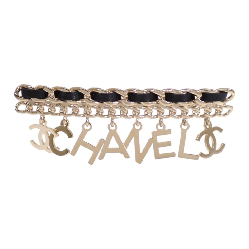 シャネル CHANEL CCロゴチェーン B19P ブローチ メタル レザー ゴールド ブラック レディース【中古】【ABランク】