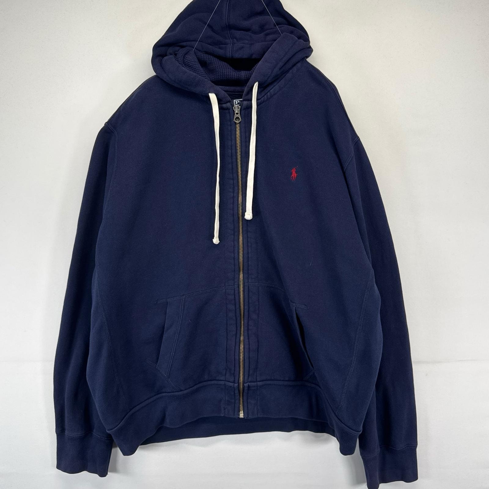古着 ポロバイラルフローレン Polo by Ralph Lauren パーカー フルジップ フーディー スウェット ワンポイント 2XL  ネイビー系 メンズ