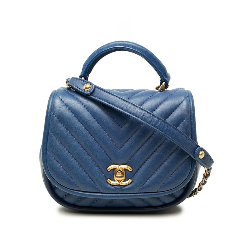 シャネル シェブロン ココマーク チェーン ショルダーバッグ ブルー ゴールド金具 ラムスキン レディース CHANEL 中古