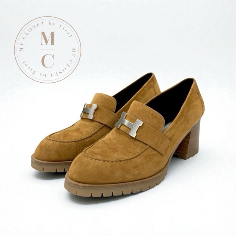 エルメス HERMES フォック ローファー 革靴 靴 シューズ スエード ブラウン シルバー H金具 ヒールローファー