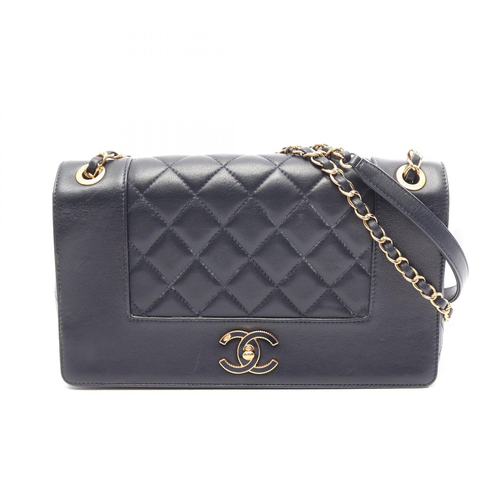 シャネル CHANEL マドモアゼル マトラッセ Wフラップ ショルダーバッグ バッグ レザー レディース ネイビー系 【中古】
