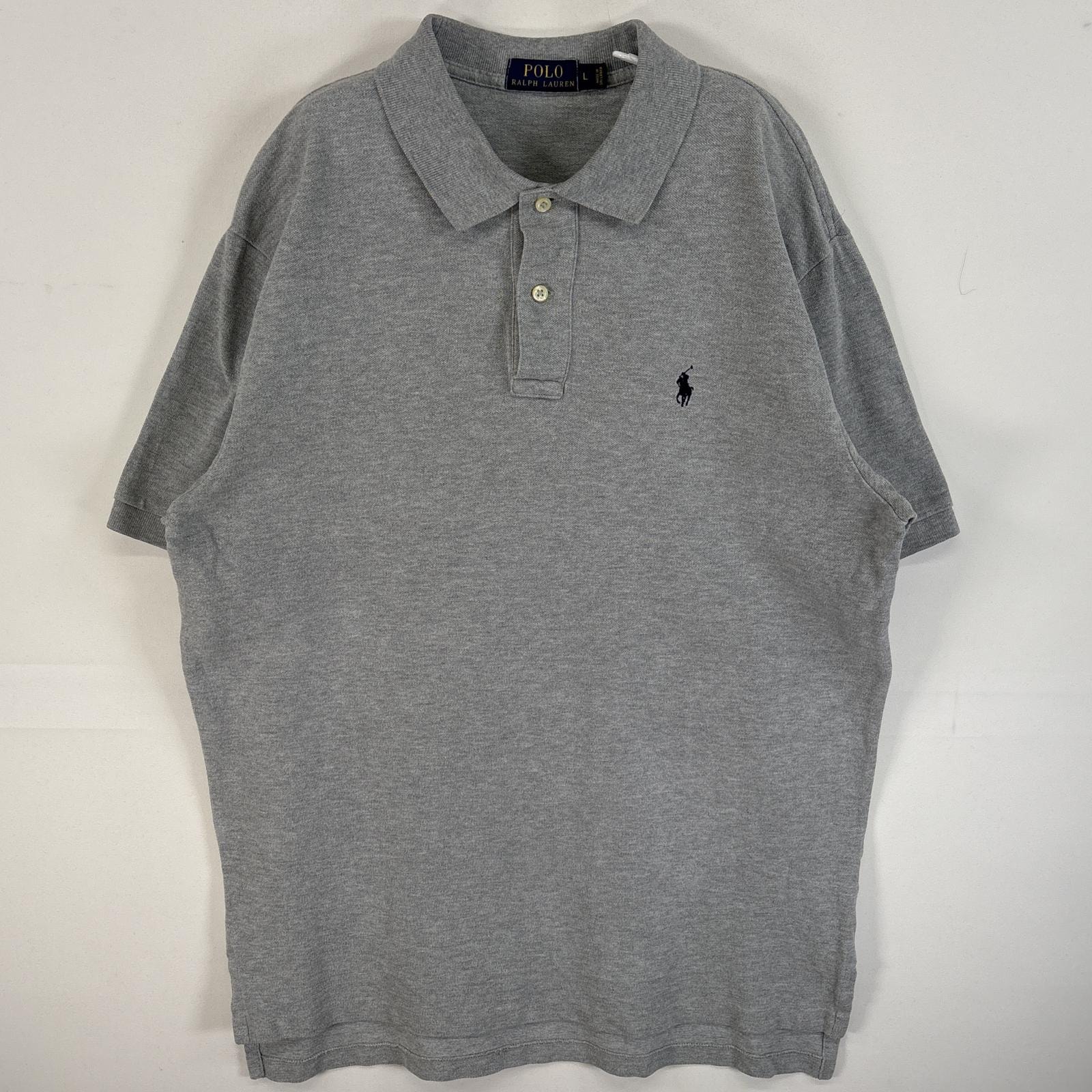 古着 ポロ・ラルフローレン POLO RALPH LAUREN 鹿の子 半袖 ポロシャツ ワンポイント ロゴ 刺繍 2ボタン 混色生地 L  グレー 無地 メンズ