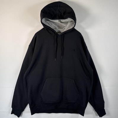 古着 チャンピオン Champion パーカー ワンポイントロゴ刺繍 大きいサイズ ワッペン フーディ マフポケット XL ブラック メンズ