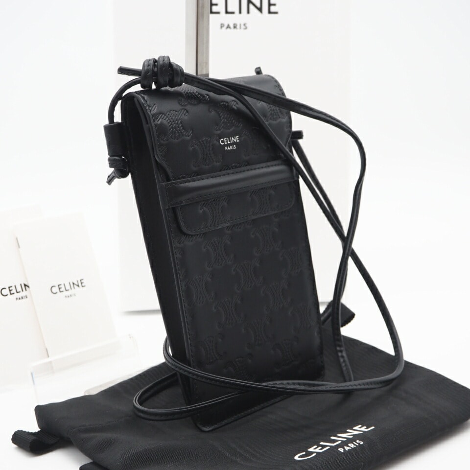 極美品 CELINE セリーヌ トリオンフ レザー フォンホルダー 10G333FQD-38SI ショルダーバッグ ブラック レザー レディース