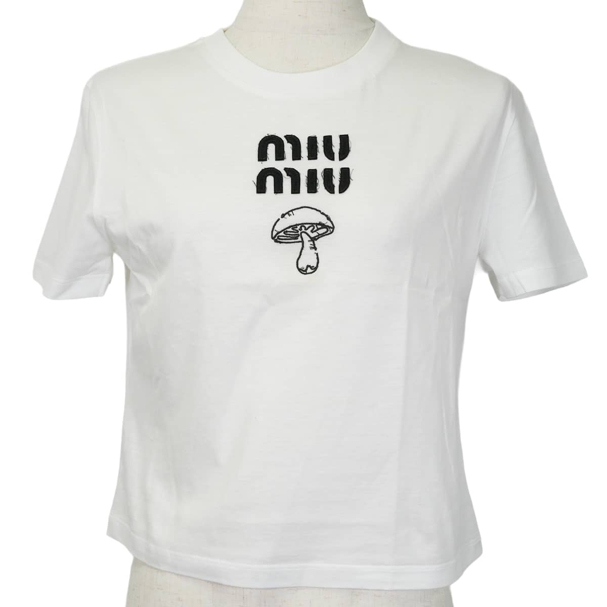 2023年 秋冬 Miu Miu ミュウミュウ 半袖Tシャツ ロゴ マッシュルーム 白 (ホワイト)/黒 (ブラック) コットン #XS MJN495 新品未使用