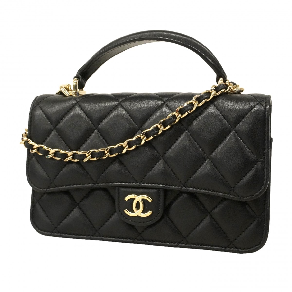 【6cd5531-h】シャネル ハンドバッグ マトラッセ チェーンショルダー ラムスキン ブラック シャンパンゴールド金具 2wayバッグ【中古】レディース