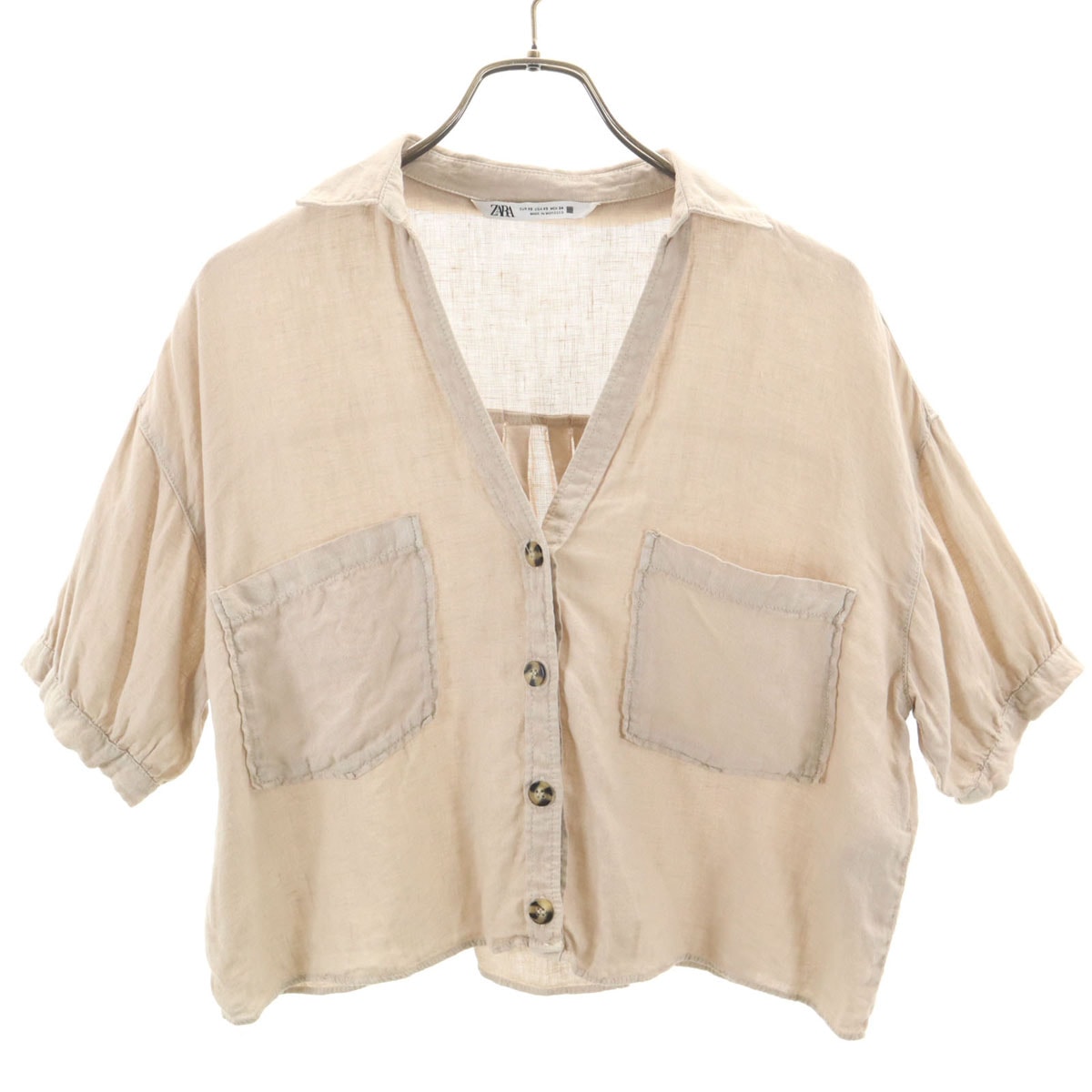 ZARA ザラ リネン 半袖 スキッパー シャツ XS ベージュ系