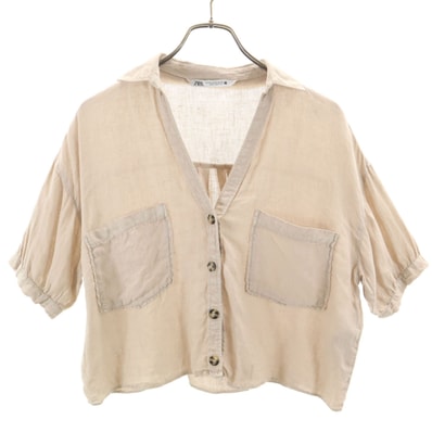 ZARA ザラ リネン 半袖 スキッパー シャツ XS ベージュ系