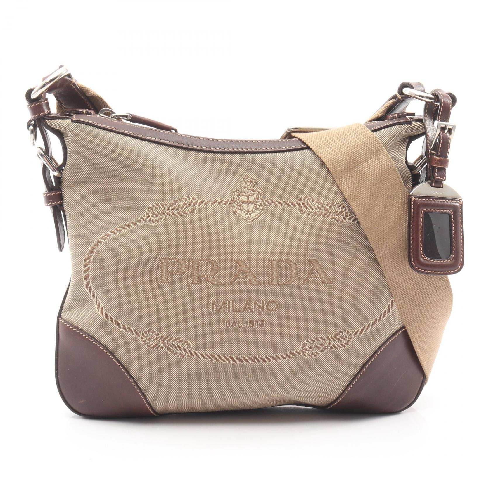 プラダ PRADA LOGO JACQUARD ロゴジャガード ショルダーバッグ バッグ キャンバス レザー レディース ベージュ系 / ブラウン系 【中古】