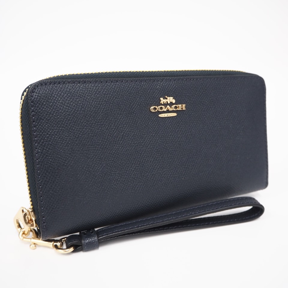美品 COACH コーチ クロスグレインレザー ロング ジップ アラウンド ウォレット C3441 長財布 ネイビー コーティングキャンバス レディース