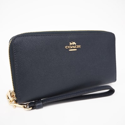 美品 COACH コーチ クロスグレインレザー ロング ジップ アラウンド ウォレット C3441 長財布 ネイビー コーティングキャンバス レディース