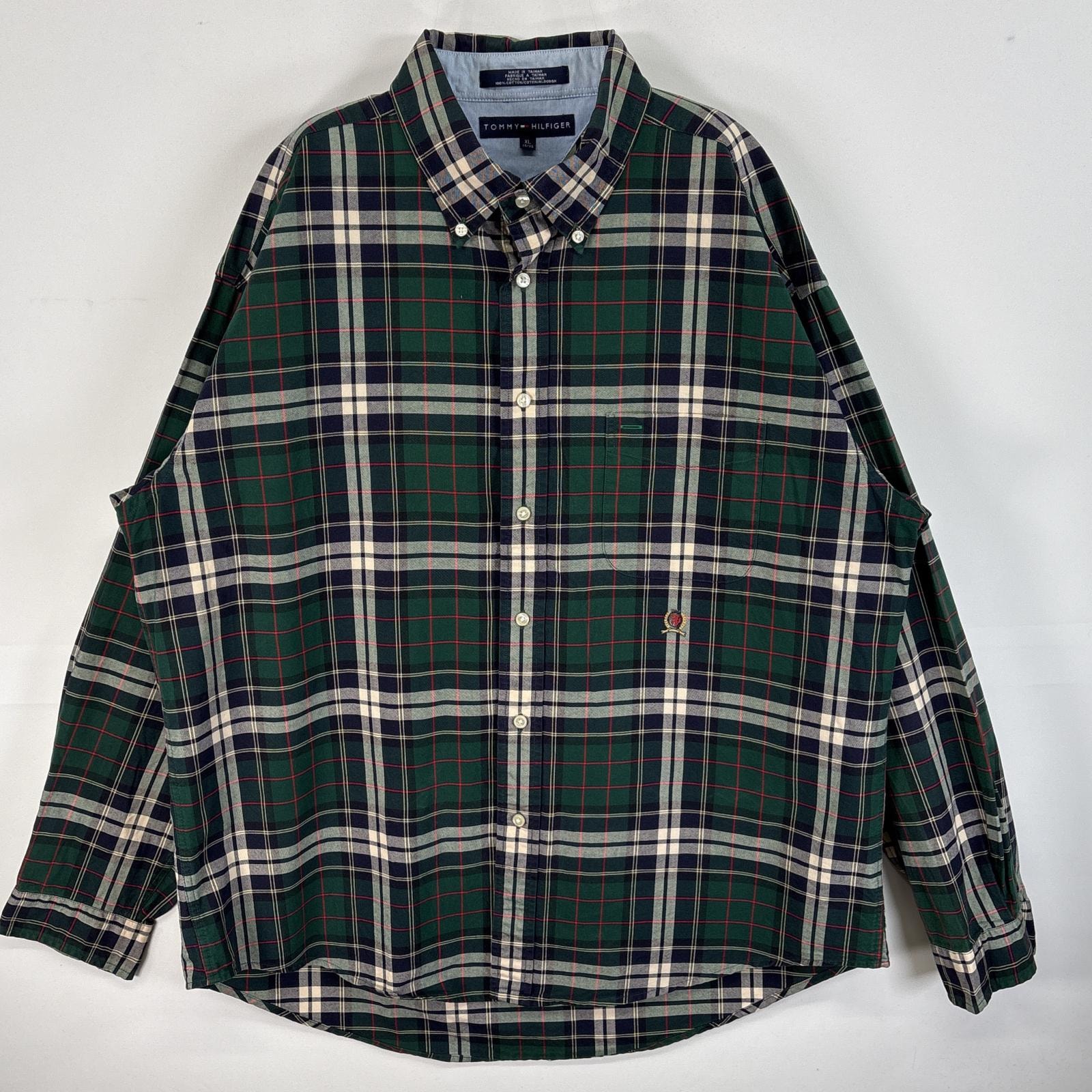 古着 トミーヒルフィガー TOMMY HILFIGER 長袖シャツ ロゴ 刺繍 チェック ボタンダウン XL  グリーン系 マルチカラー メンズ