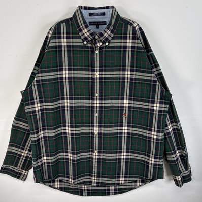 古着 トミーヒルフィガー TOMMY HILFIGER 長袖シャツ ロゴ 刺繍 チェック ボタンダウン XL グリーン系 マルチカラー メンズ